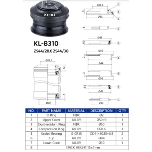 Рульовий набір KENLI KL-B310 1-1/8" ZS 44/28.6  ZS 44/30 напівінтегрований, пром підшипник (100шт в ящику) доступно від 1 шт. Photo 2